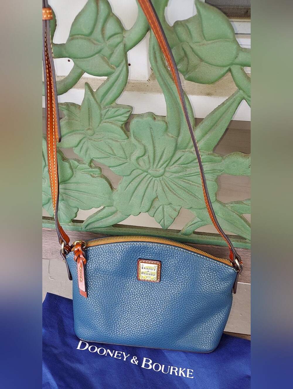 Dooney & Bourke Green Pebbled Leather Crossbody with Brown Trim